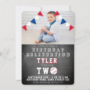 Cute Baseball Chalkboard Kids Photo 2nd Birthday Invitation