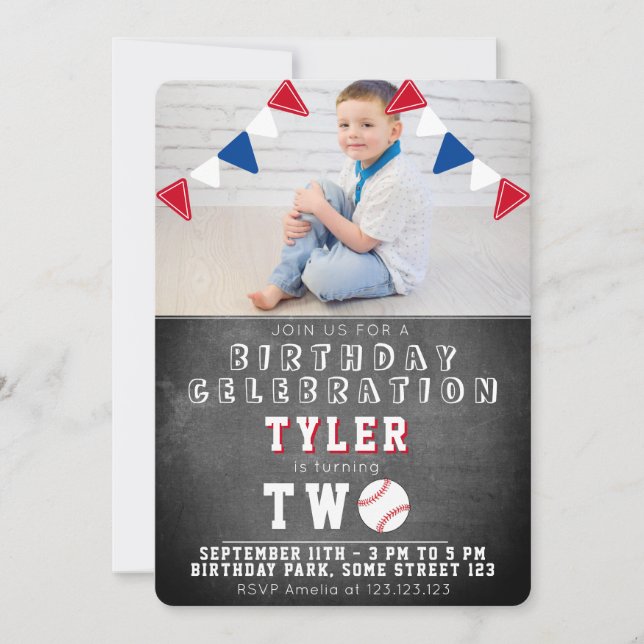 Cute Baseball Chalkboard Kids Photo 2nd Birthday Invitation (Front)