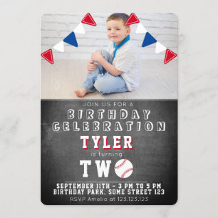 Cute Baseball Chalkboard Kids Photo 2nd Birthday Invitation