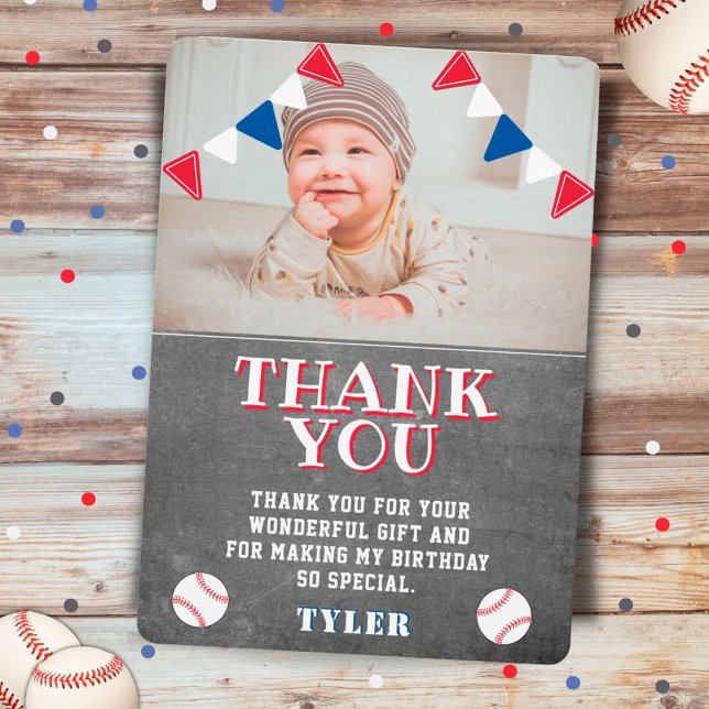 Cute Baseball Chalkboard Kids Photo Birthday Thank You Card (Creator Uploaded)