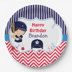 Cute Baseball Dark Hair Boy Birthday Party Paper Plate