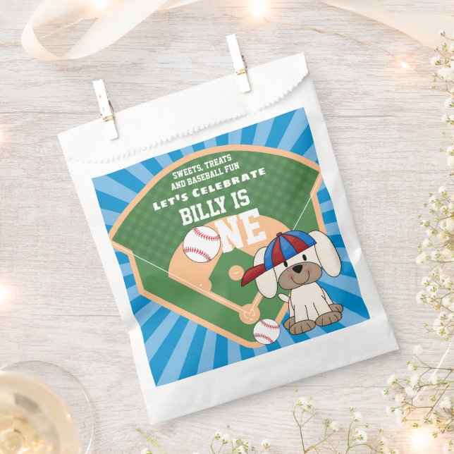 Cute Baseball Fun Puppy Dog 1st Birthday Favour Bag (Clipped)