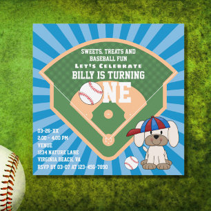 Cute Baseball Fun Puppy Dog 1st Birthday Invitation