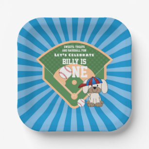 Cute Baseball Fun Puppy Dog 1st Birthday Paper Plate
