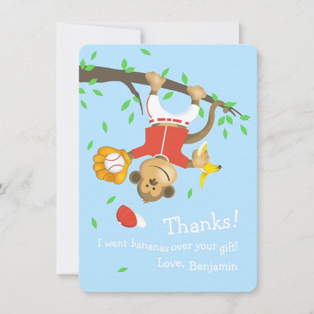 Cute Baseball Monkey Birthday Party Thank You Card (Front)