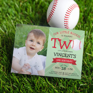Cute Baseball Pitch & Ribbon Photo 2nd Birthday Invitation