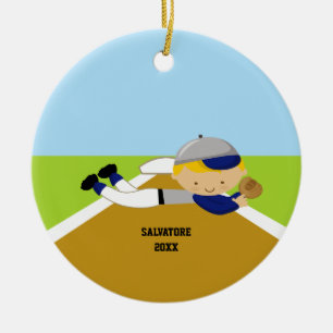 Cute Baseball Player in Blue & Grey Ornament