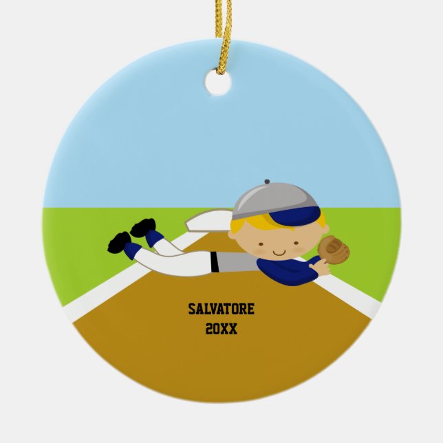 Cute Baseball Player in Blue & Grey Ornament (Front)