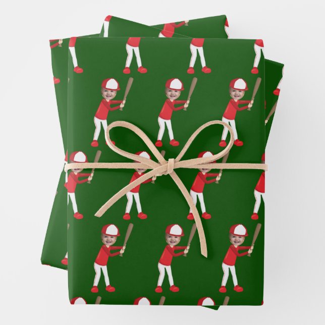 Cute Baseball Player Kids Photo Green Custom Wrapping Paper Sheet (In situ)