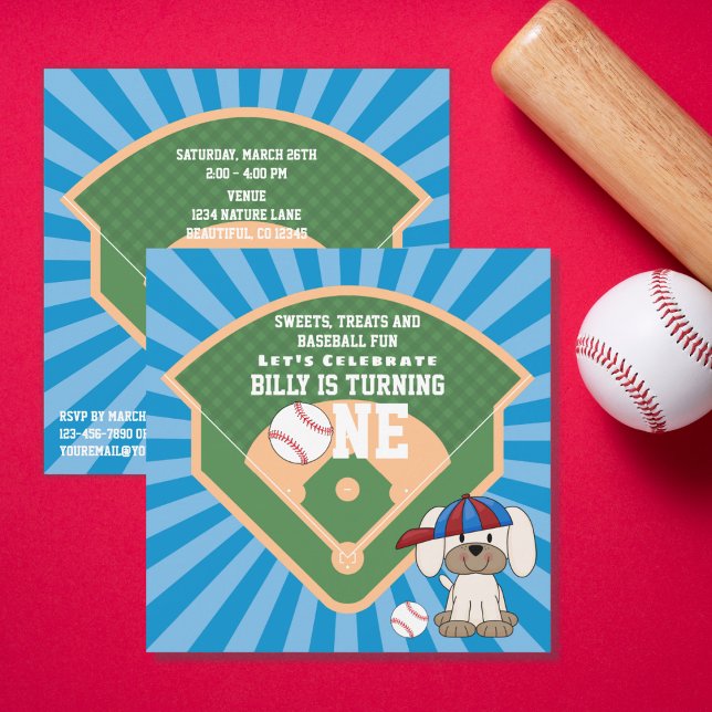 Cute Baseball Puppy Dog 1st Birthday Invitation (Creator Uploaded)
