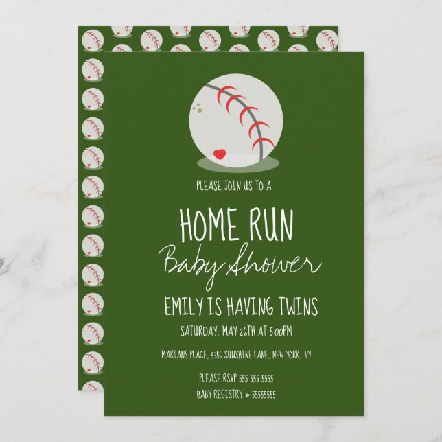 Cute Baseball Sports Baby Shower Green Invitation (Front/Back)
