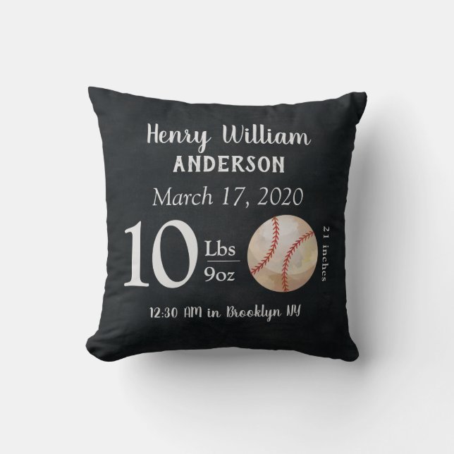 Cute Baseball Sports Ball Baby Birth Stats Nursery Cushion (Front)