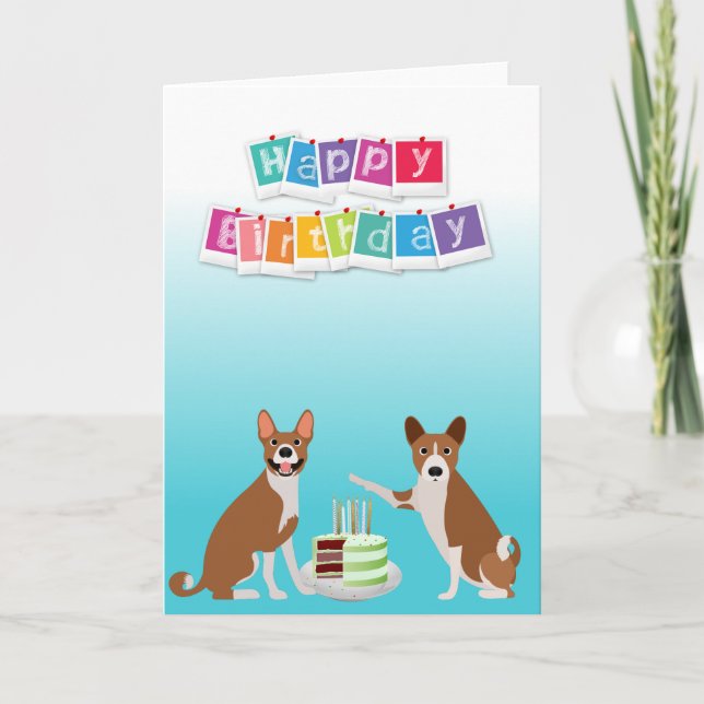 Cute Basenji Hound Dog Animal with Cake Card (Front)