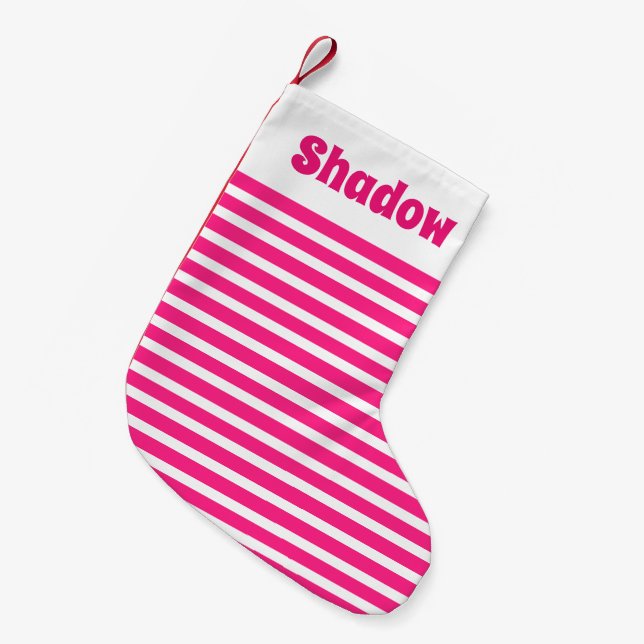 Cute Basic Stripes Pink and white Custom Name Pet Small Christmas Stocking (Front (Hanging))