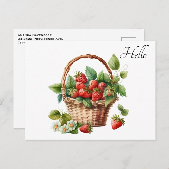 Cute Basket Full of Strawberries Hello Postcard (Front/Back)