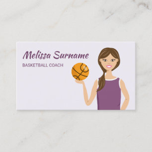 Cute Basketball Coach Girl Illustration Purple Business Card