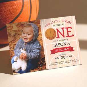 Cute Basketball Court & Ribbon Photo 1st Birthday Invitation