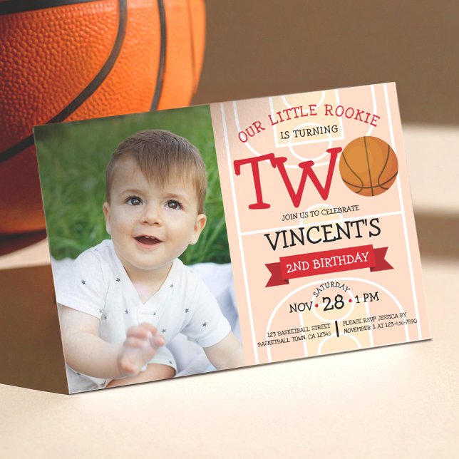 Cute Basketball Court & Ribbon Photo 2nd Birthday Invitation (Creator Uploaded)