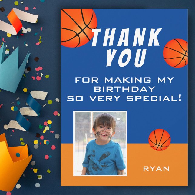 Cute Basketball Kids Birthday Photo Thank You Card (Creator Uploaded)