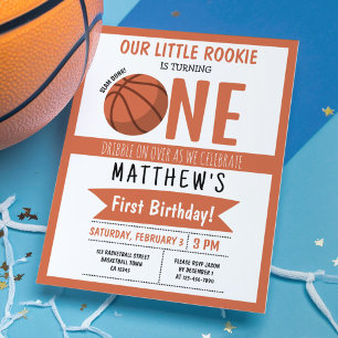 Cute Basketball Ribbon Budget 1st Birthday Invite