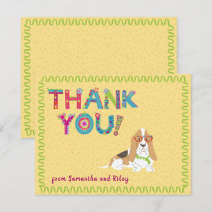 Cute Basset Hound Dog Colourful Floral Letters Thank You Card