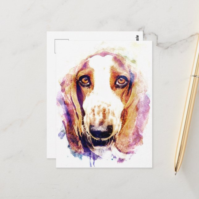 Cute Basset Hound Dog Face Watercolour Postcard (Front/Back In Situ)