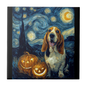 Cute Basset Hound Dog Halloween Jack O Lantern Pum Ceramic Tile