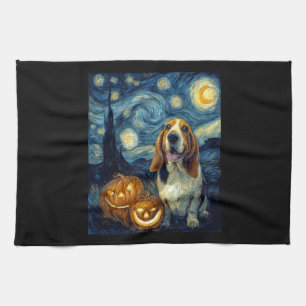 Cute Basset Hound Dog Halloween Jack O Lantern Pum Tea Towel