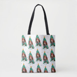 Cute Basset Hound Dog Pattern Christmas Tote Bag