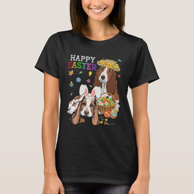 Cute Basset Hound Dogs Easter Egg Basket Happy Eas T-Shirt (Front)