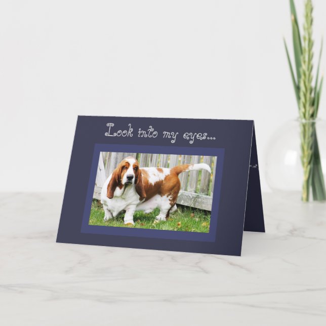 Cute Basset Hound on Funny Birthday Card with Cake (Front)