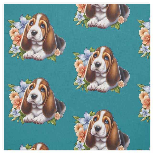 Cute Basset Hound Puppy Sitting with Flowers Fabric (Swatch)