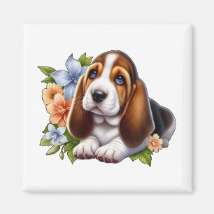 Cute Basset Hound Puppy Sitting with Flowers Magnet