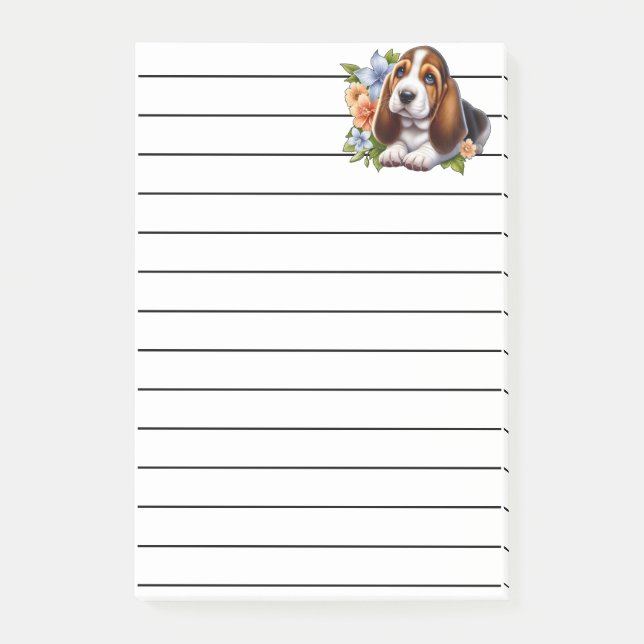 Cute Basset Hound Puppy Sitting with Flowers Post-it Notes (Front)