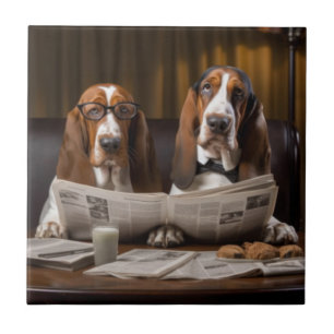Cute basset hounds reading newspaper ceramic tile