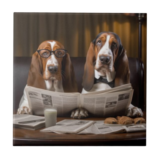 Cute basset hounds reading newspaper ceramic tile (Front)