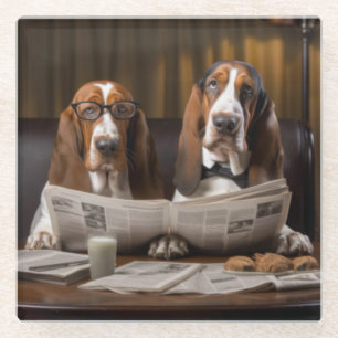 Cute basset hounds reading newspaper glass coaster