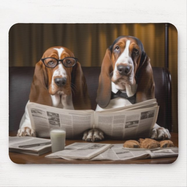 Cute basset hounds reading newspaper mouse pad (Front)