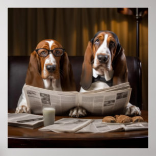 Cute basset hounds reading newspaper poster