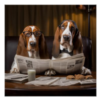 Cute basset hounds reading newspaper