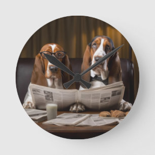 Cute basset hounds reading newspaper round clock