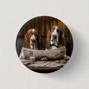 Cute basset hounds reading the news 3 cm round badge