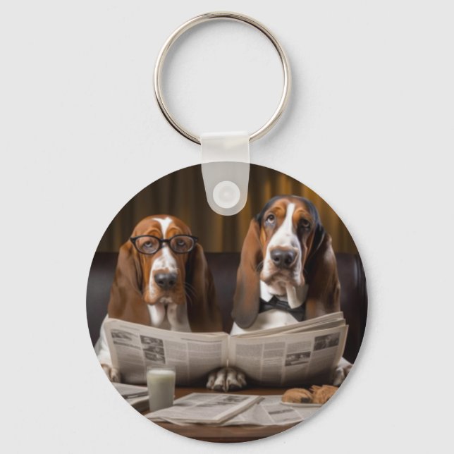Cute basset hounds reading the news key ring (Front)
