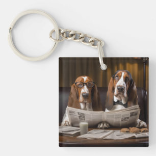 Cute basset hounds reading the news key ring