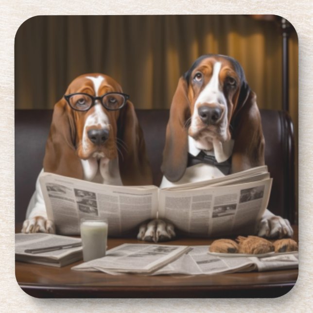 Cute basset hounds reading the news Trivet Coaster (Front)