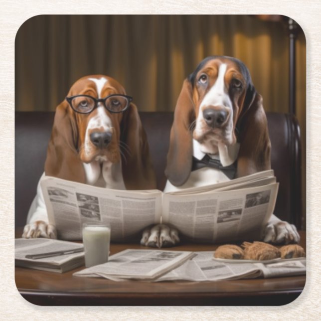 Cute basset hounds reading the news Trivet Square Paper Coaster (Front)