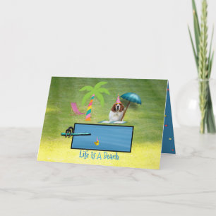 Cute Basset, Palm, & Pool On Funny Birthday Card