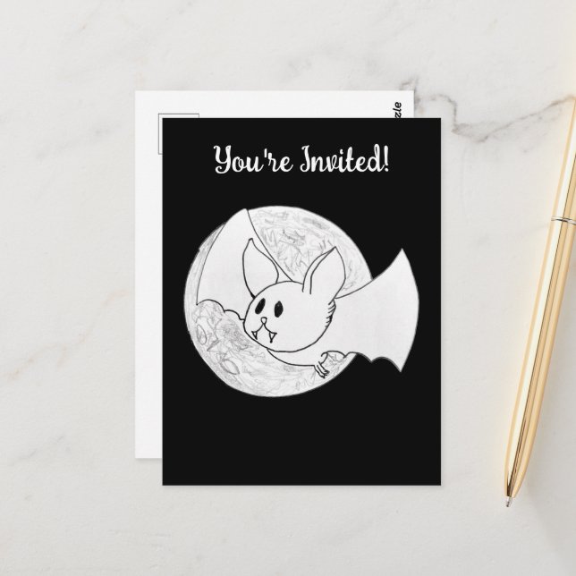 Cute Bat and Full Moon Halloween Postcard (Front/Back In Situ)