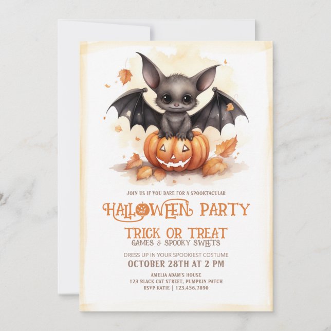 Cute Bat and Pumpkin Halloween Party Invitation (Front)