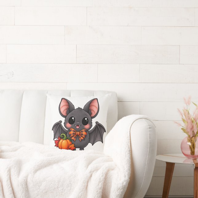 Cute Bat and Pumpkin Halloween Throw Pillow (Couch)